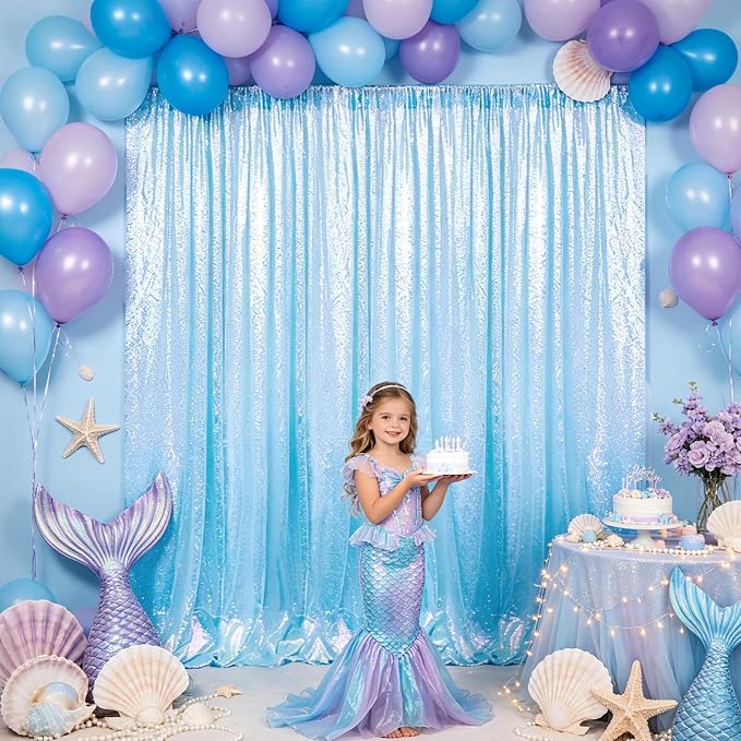 Hahuho Mermaid Blue Sequin Backdrop Curtain, Banquet Decoration（2 Panels - Image 4