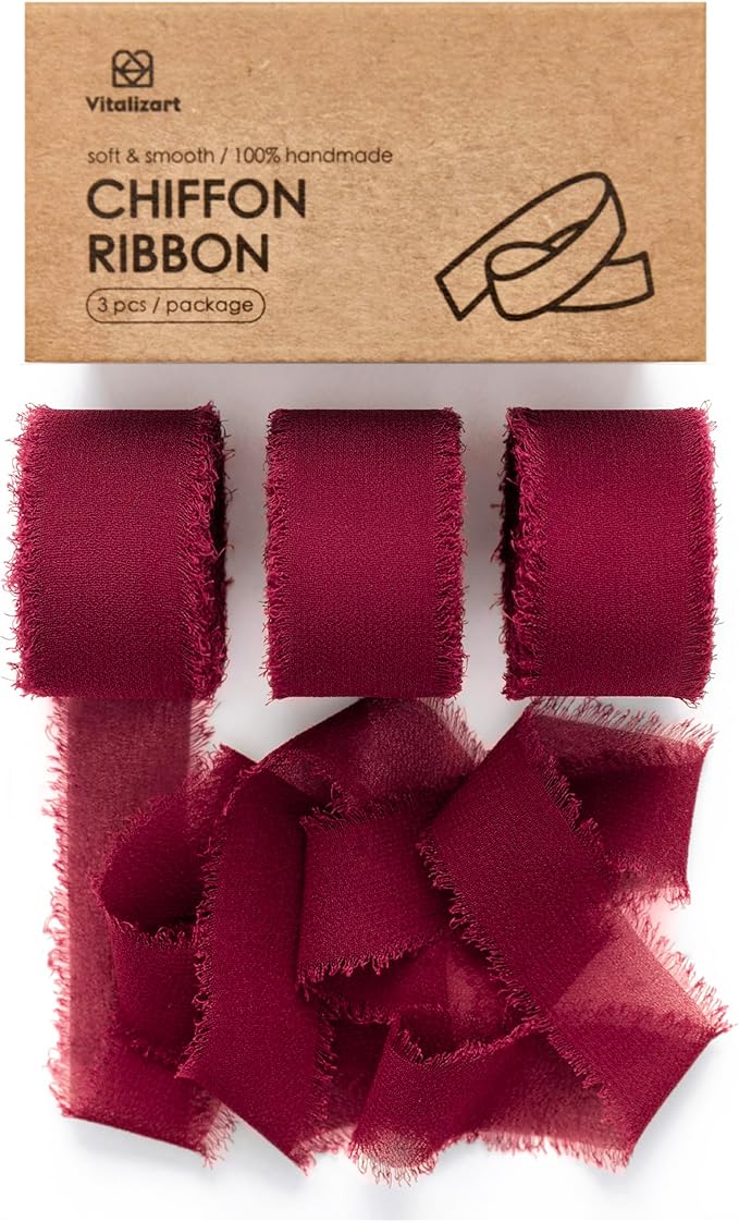 Vitalizart Burgundy Chiffon Silk Ribbon 1" x 21Yd Handmade Frayed Fringe | by Vitalizart