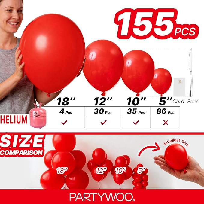 PartyWoo Red Balloons 155pcs Different Sizes of 18 12 10 5 Inch | Balloons - Image 6
