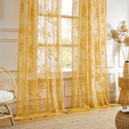 Earth Yellow Lace Curtains 45 Inch Length 2 Panels Set Country Flower Sheer - Image 3