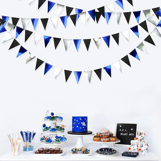 30Ft Navy Blue Black and Silver Party Decorations Royal Blue Triangle Flag - Image 3