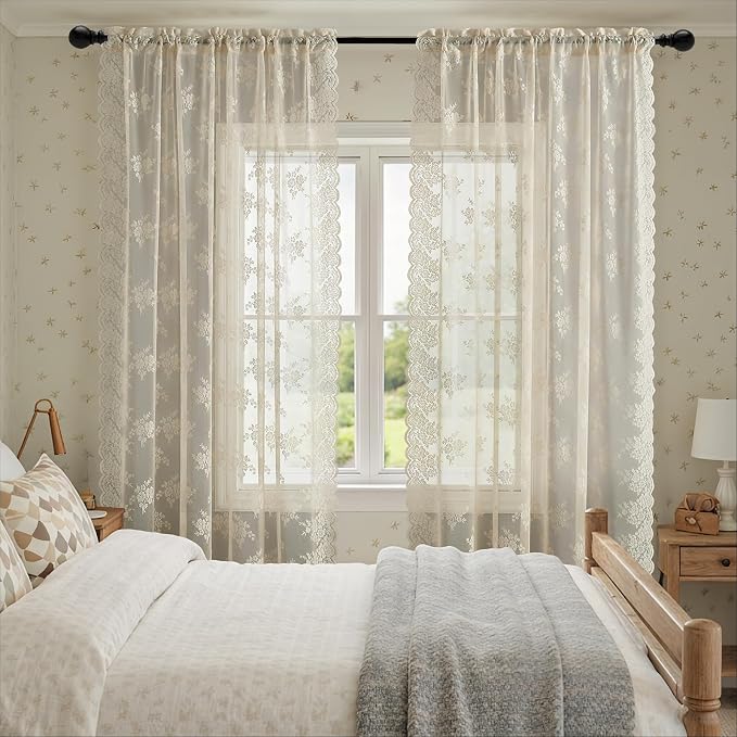 Kotile Beige Floral Lace Curtains - Image 2