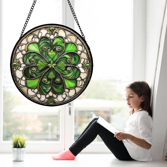 DASTOLL Stained Glass Window Hanging St. Ripak Festival Green Lucky Clover 6.3" - Image 3