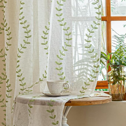 2 Panels Linen Leaf String Floral Embroidered Semi Sheer Curtain Farmhouse by AmHootextile