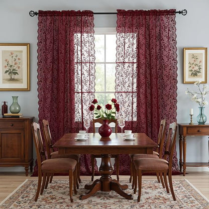 Burgundy Sheer Curtains for Bedroom Rustic Floral W42 x L54 Inch, 2 Panels | - Image 8