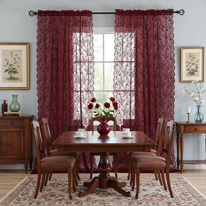 FINECITY Burgundy Lace Sheer Curtains Vintage Floral 42 x 72 Inch, 2 Panels | - Image 7