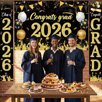 Sophena Graduation Decorations Class of 2026 Grad Banner Backdrop Black and Gold - Image 3