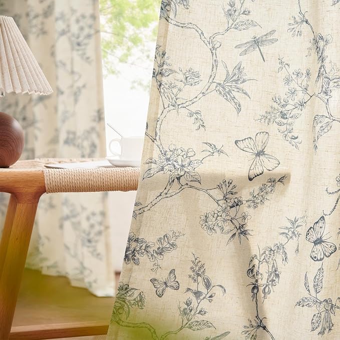 Blue Floral Linen Curtains Farmhouse Rod Pocket 50W X 108L 2 Panels | Charlotte - Image 4