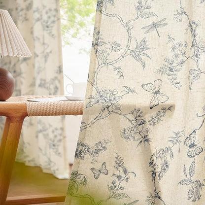 Blue Floral Linen Curtains Farmhouse Rod Pocket 50W X 90L 2 Panels | Charlotte - Image 4