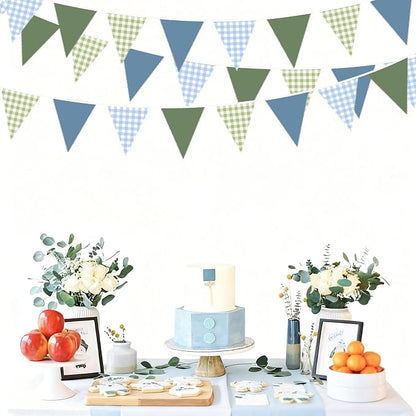 32Ft Blue Green Party Decorations Dusty Blue Sage Green Gingham Fabric Triangle - Image 4