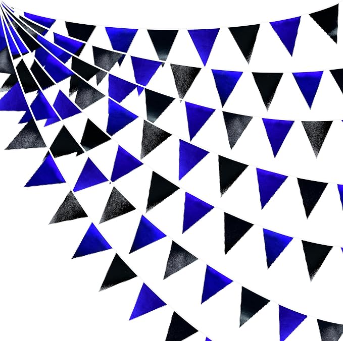Royal Blue Black Party Decorations Navy Black Metallic Fabric Triangle Pennant by pinkblume