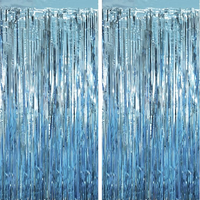 Voircoloria Light Blue Foil Fringe Backdrop Curtains, 2 Pack | Tinsel Streamers by Voircoloria