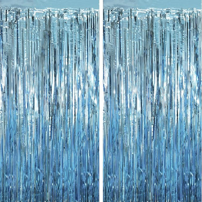 Voircoloria Light Blue Foil Fringe Backdrop Curtains, 2 Pack | Tinsel Streamers by Voircoloria