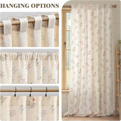 Boho Floral Light Filtering Curtains 90 Inch 2 Panels Linen Texture | Farmhouse - Image 6