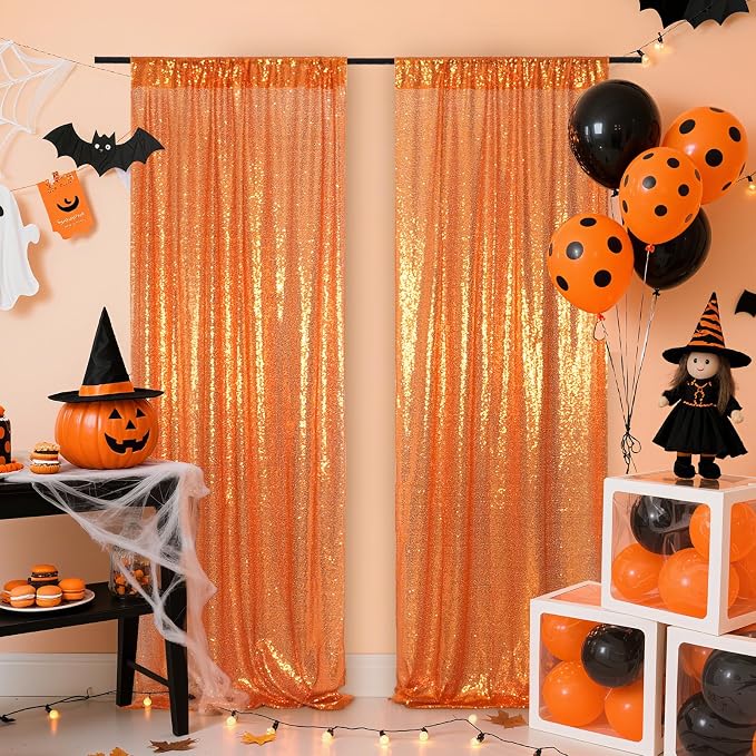 Poise3EHome Orange Sequin Backdrop Curtains, 4 Panels 2FTx8FT Glitter Background - Image 2