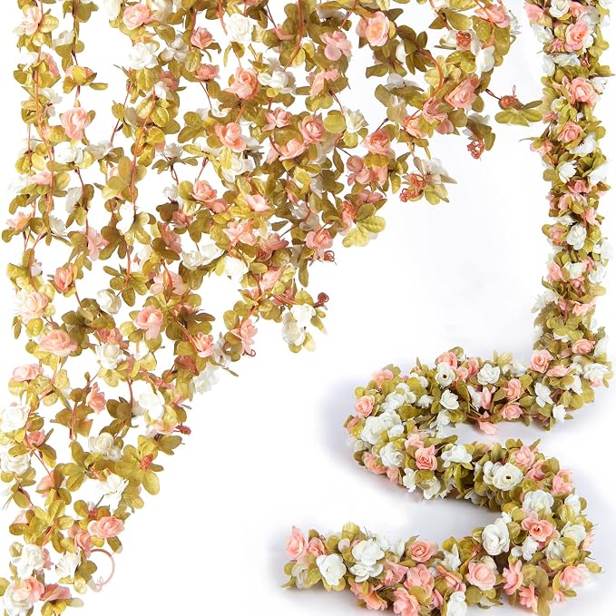 Artificial Flower Garland 8pcs 8.2ft Rose Vine Decor, Fall Pink Flower | by PONKING