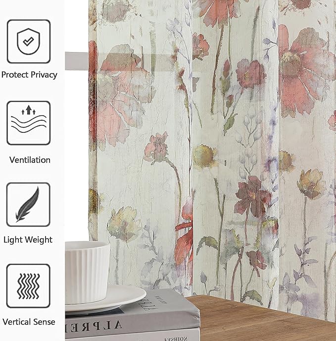 Crushed Sheer Kitchen Cafe Curtains Tiers 24 Inch Length 2 Panels, Printed - Image 2