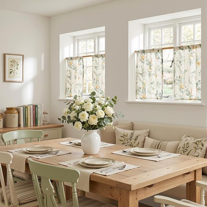 MYSKY HOME Floral Kitchen Curtains 30 Inches Linen Tier Curtains Farmhouse - Image 2