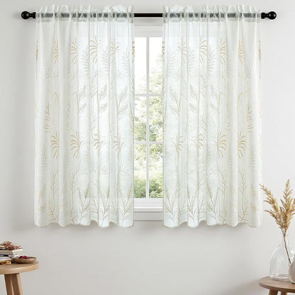 White Sheer Curtains Beige Embroidered Leaf 2 Panels 54 Inches | Light by VISIONTEX