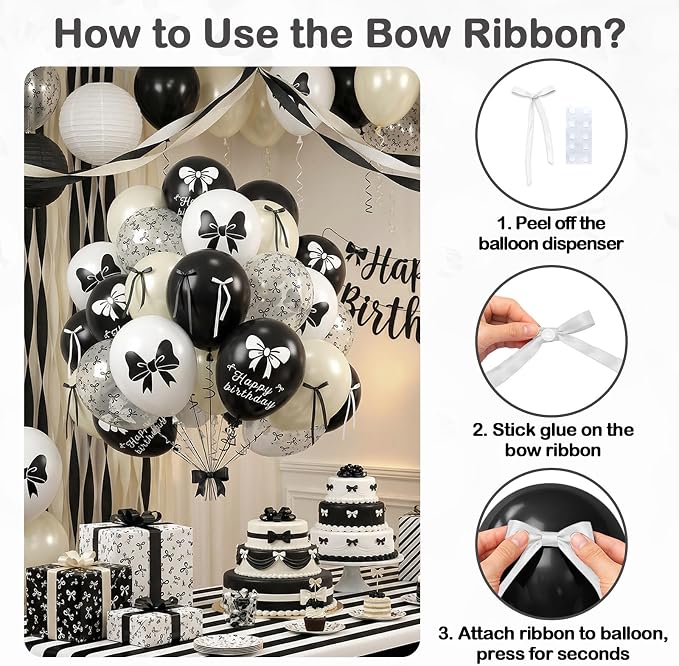 Black Bow Balloons, 12 Inch Black White Bow Printed Balloon - Image 8