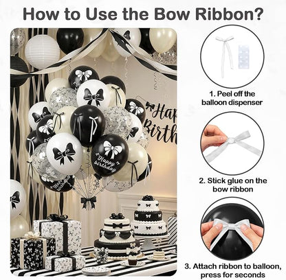 Black Bow Balloons, 12 Inch Black White Bow Printed Balloon - Image 8
