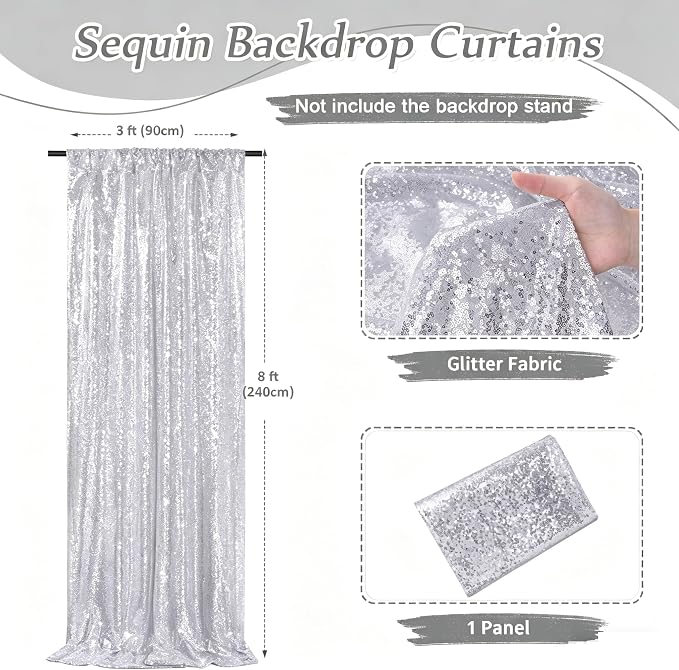 Silver Sequin Backdrop Curtains-2 Panels 3FTx8FT Silver Backdrop - Image 3