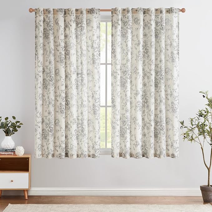 jinchan Grey Floral Linen Curtains 45 Inch Vintage Back Tab 2 Panels | Light - Image 2