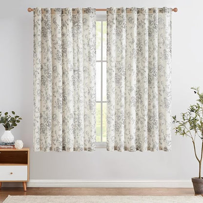 jinchan Grey Floral Linen Curtains 45 Inch Vintage Back Tab 2 Panels | Light - Image 2
