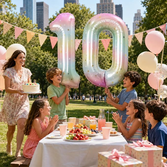 40 Inch Rainbow Number Balloon, Large Stars Gradient Multi Color Foil Balloons - Image 5