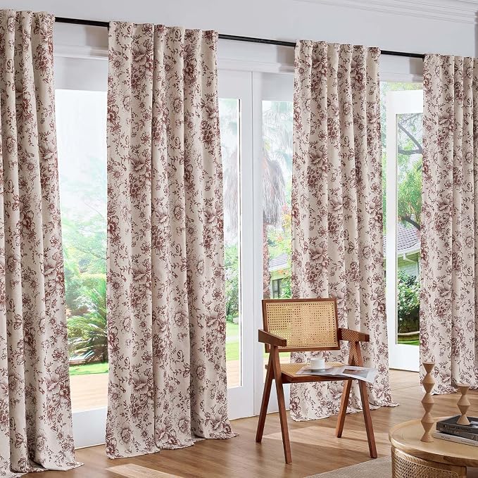 jinchan Red Floral Linen Blackout Curtains Lined 96 Inch Back Tab 2 Panels | - Image 7