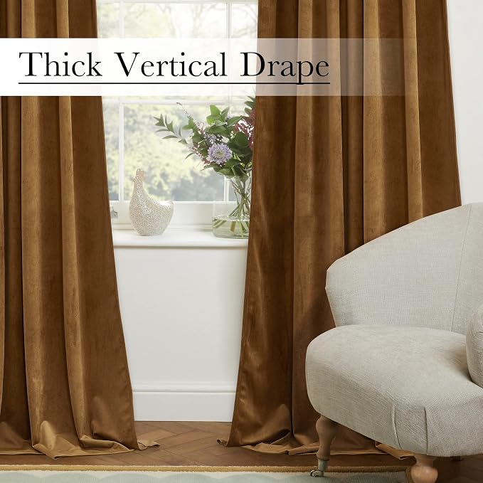 Back Tab Room Divider Curtains Luxury Gold Brown Velvet Blackout Thermal - Image 8