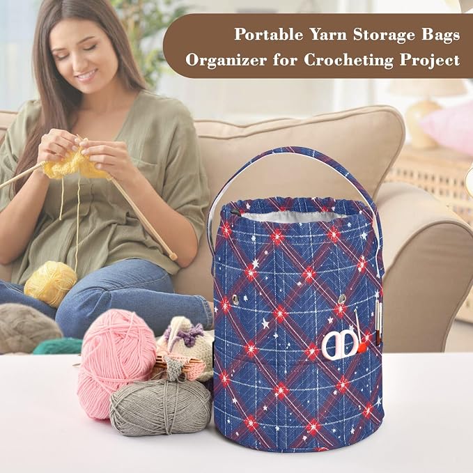 Blue Retro Plaid Stars Yarn Bag Small Crochet Bag Drawstring Yarn Storage - Image 4