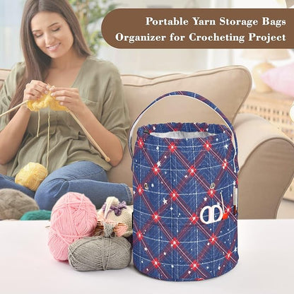Blue Retro Plaid Stars Yarn Bag Small Crochet Bag Drawstring Yarn Storage - Image 4