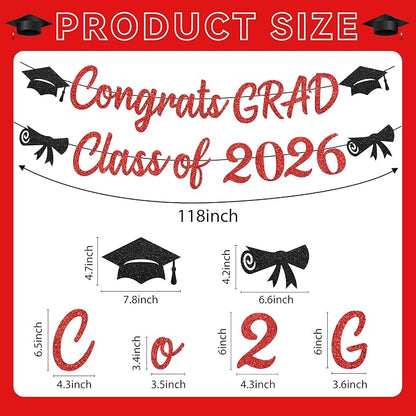 Glitter Red Graduation Decorations Banner, Congrats Grad Banner and Graduation - Image 2