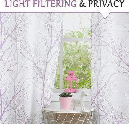 FMFUNCTEX Linen Lilac White Semi Sheer Print Curtains 72 Inch Long 2 Panels | - Image 3