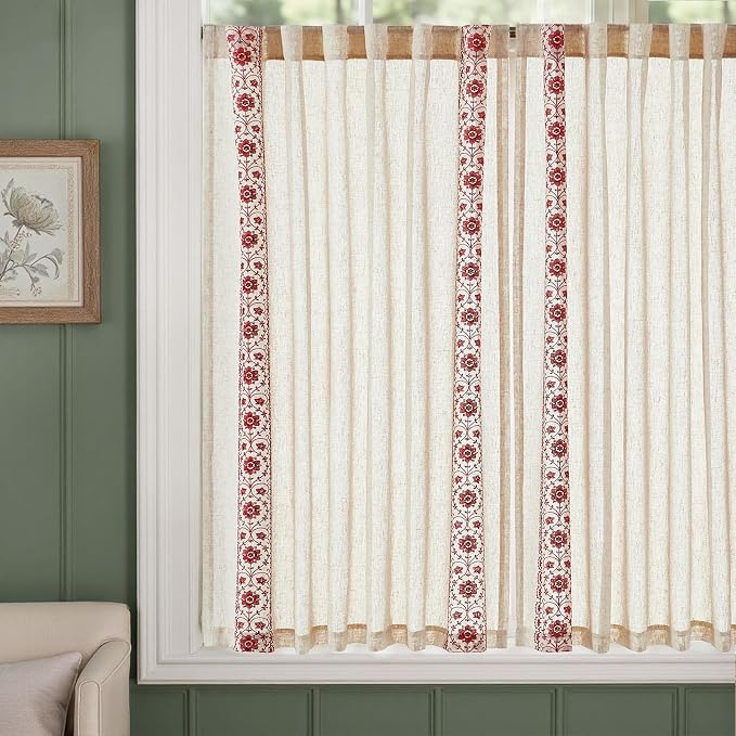 jinchan Red Floral Embroidered Linen Kitchen Curtains 54×45 Inch 2 Panels | - Image 5