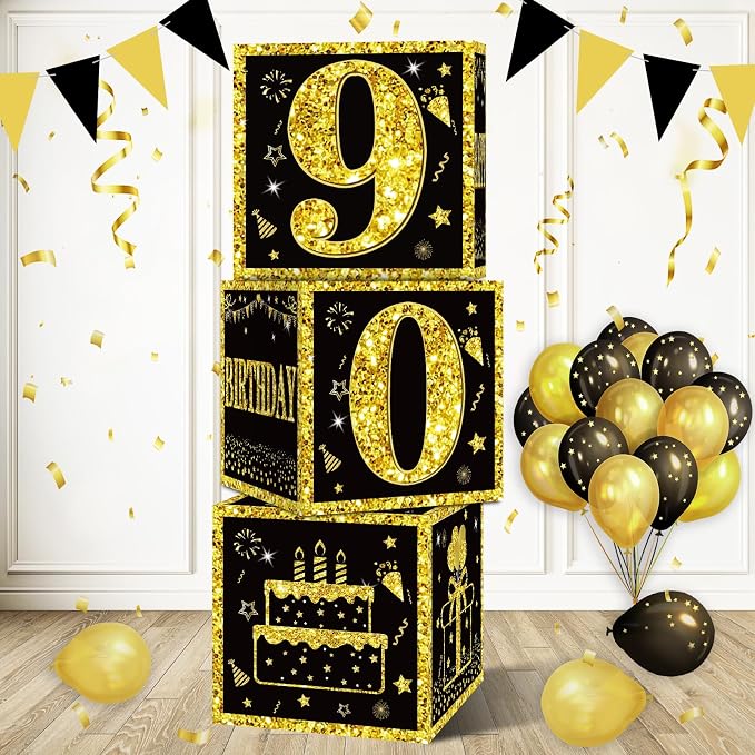 Eiurteao 3pcs Black Gold 90th Birthday Decorations Boxes by Eiurteao