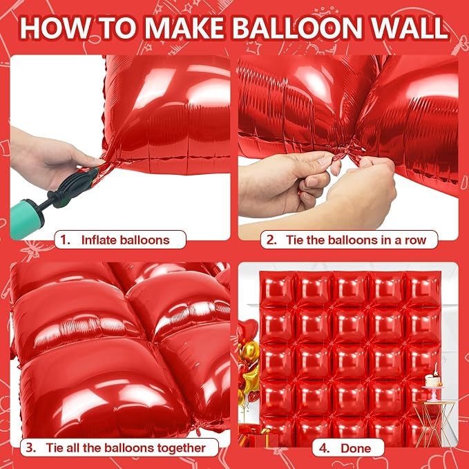 NISOCY 25PCS Metallic Red Square Foil Balloons Wall Backdrop | Double Sided Red - Image 4