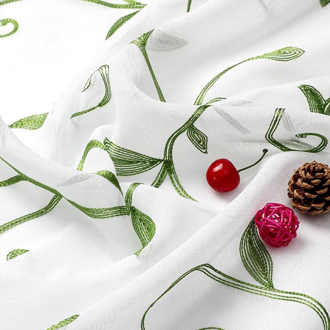 White Sheer Curtains Green Embroidered Leaves 2 Panels 54Wx63L | Light - Image 7