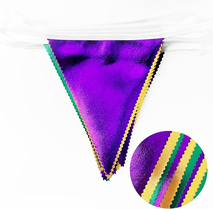 Mardi Gras Party Decorations Purple Green and Gold Metallic Fabric Triangle - Image 3