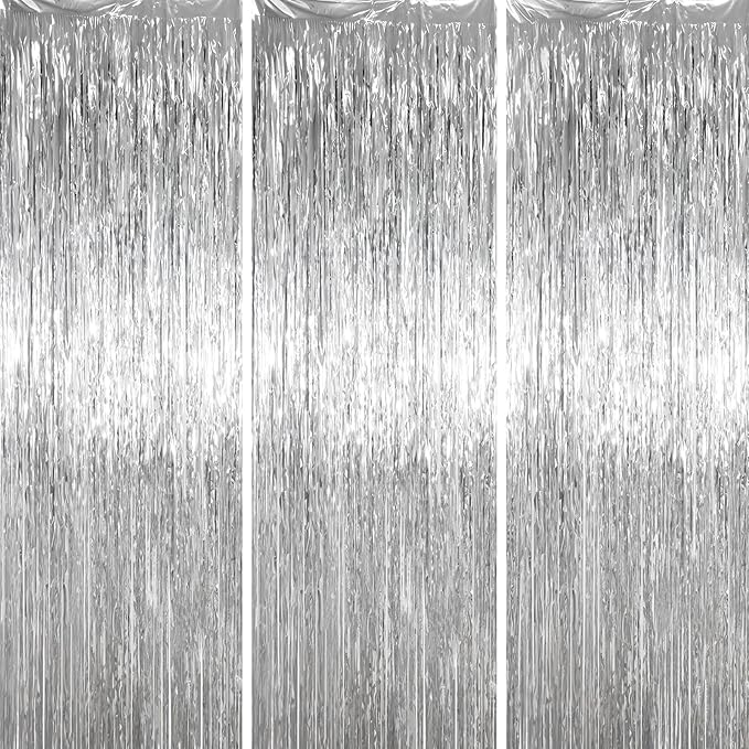 Voircoloria Silver Foil Fringe Backdrop Curtains, Birthday Party Decorations by Voircoloria