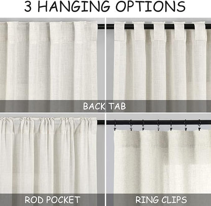 Cream Linen Sheer Curtains 54 Inch Length 2 Panel Set Back Tab Pocket Semi - Image 3