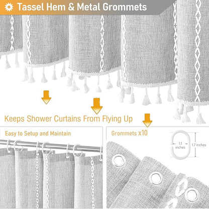 60 x 84 Boho Linen Heavy Duty Cloth Shower Curtain Set, 330GSM Linen Blend - Image 5