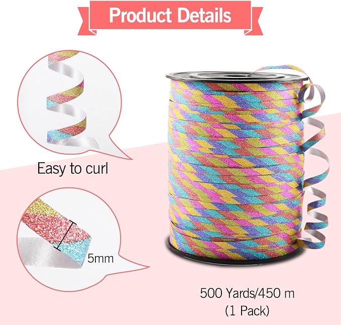 500 Yard Rainbow Balloon String Curling Ribbon, Glitter Birthday Ribbons | Bows - Image 4