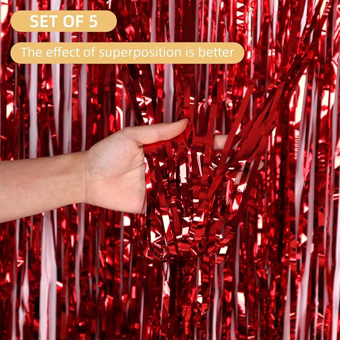 5 Pack Red Foil Curtain Backdrop 3.2ft x 9.8ft Metallic Tinsel Foil Fringe - Image 2