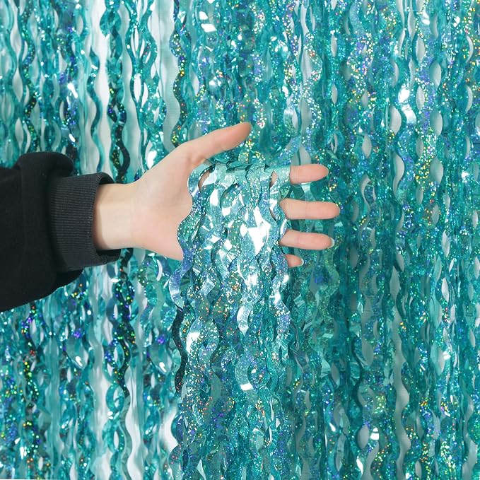 4 Pack 3.3 ft x 6.6 ft Wavy Sparkle Aqua Teal Blue Foil Curtain by KEEUH