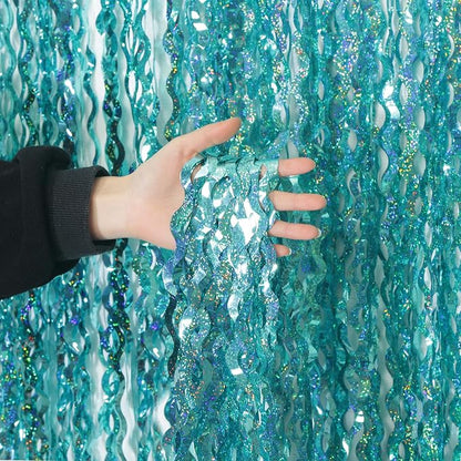 4 Pack 3.3 ft x 6.6 ft Wavy Sparkle Aqua Teal Blue Foil Curtain by KEEUH
