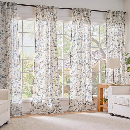 Blue Vintage Floral Linen Curtains Farmhouse 38W X 84L 2 Panels | Elisa Series - Image 7