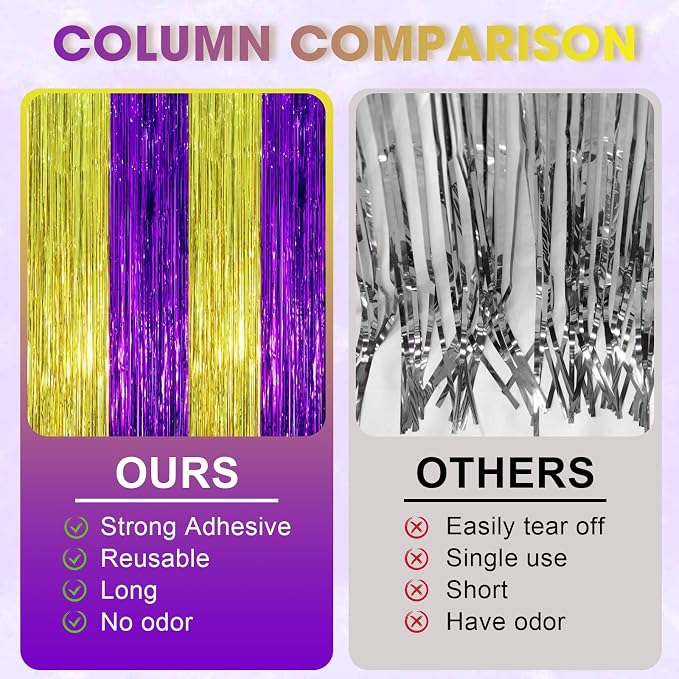 Voircoloria Purple Gold Foil Fringe Backdrop Curtains, 3 Pack | Tinsel Streamers - Image 3