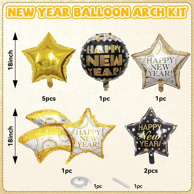Black and Gold Happy New Year Balloons, 18 Inch Large Size Foil Balloons - Image 2
